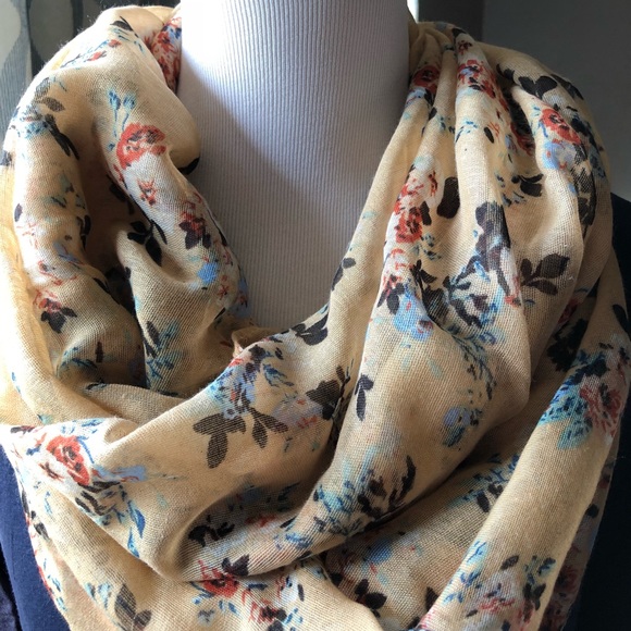 SALE Infinity Scarf Camel Tan Floral - Picture 1 of 6